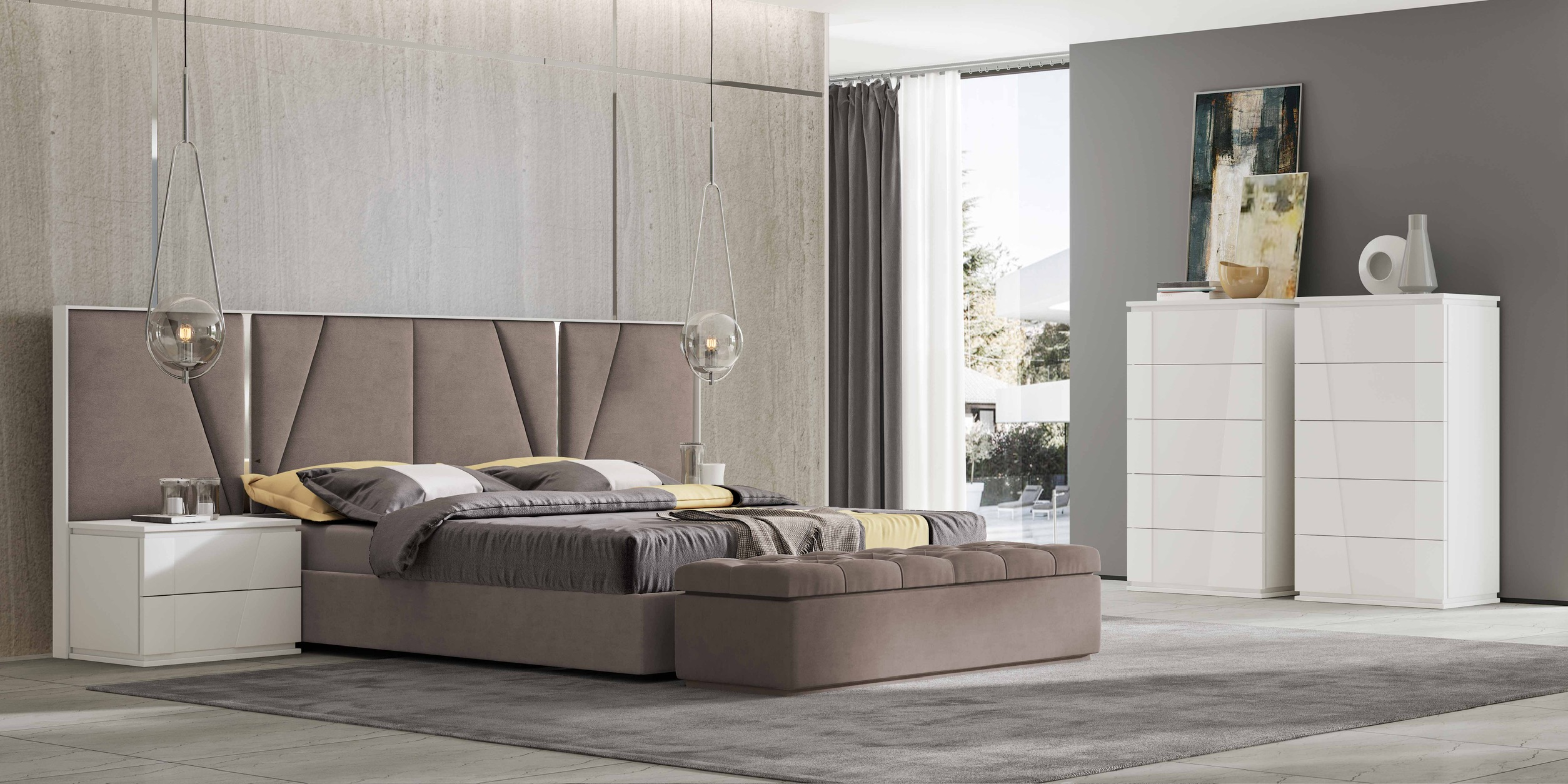 Quarto Roma com cabeceira estofada, mesas de cabeceira e camiseiros brancos