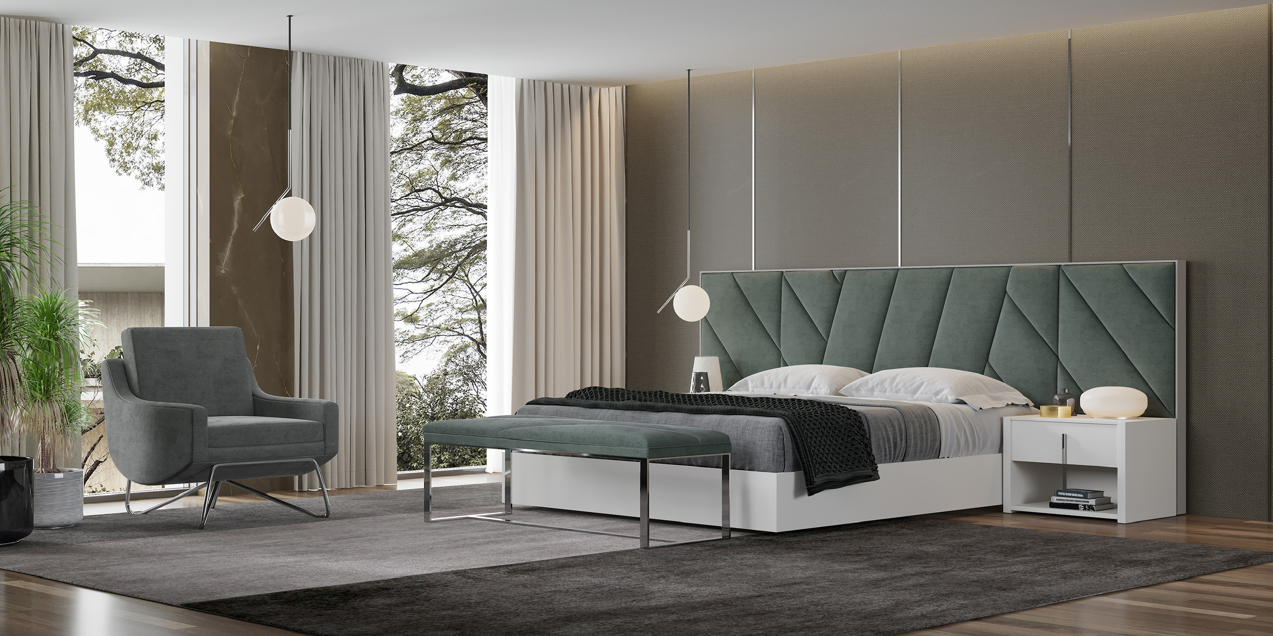 Quarto Roma com cabeceira verde e banco estofado