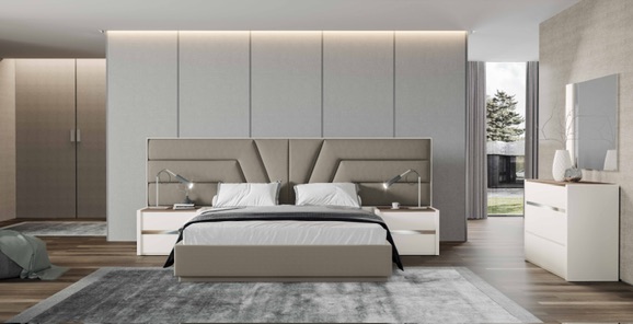 Quarto Roma em tons neutros com cama e cómoda