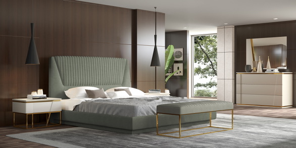 Quarto Roma com cama estofada verde e detalhes dourados