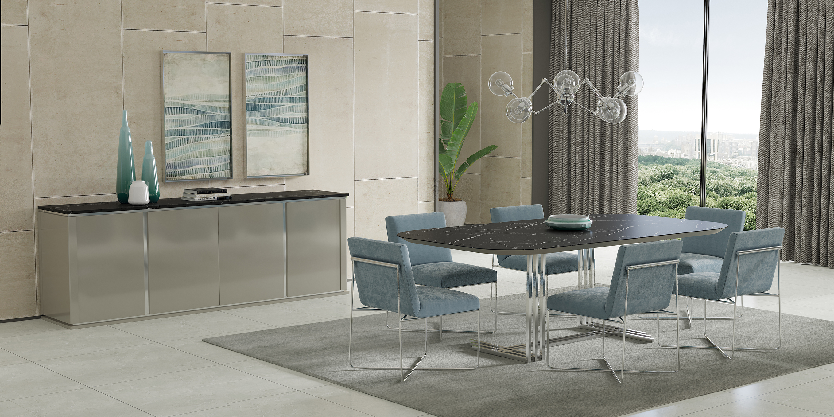 Mesa de jantar Roma com cadeiras azuis