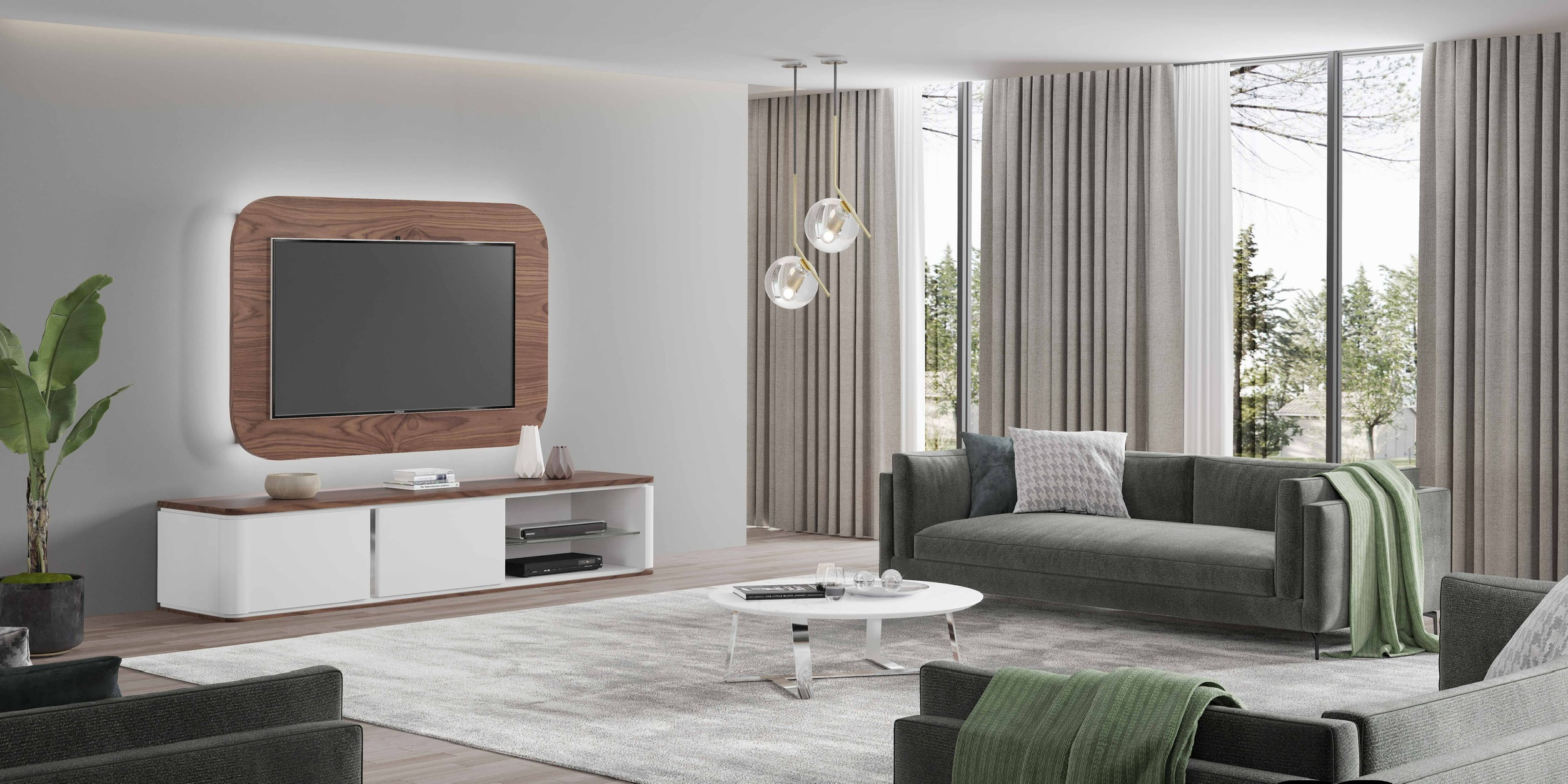 Sala com móvel de televisão branco e painel de madeira